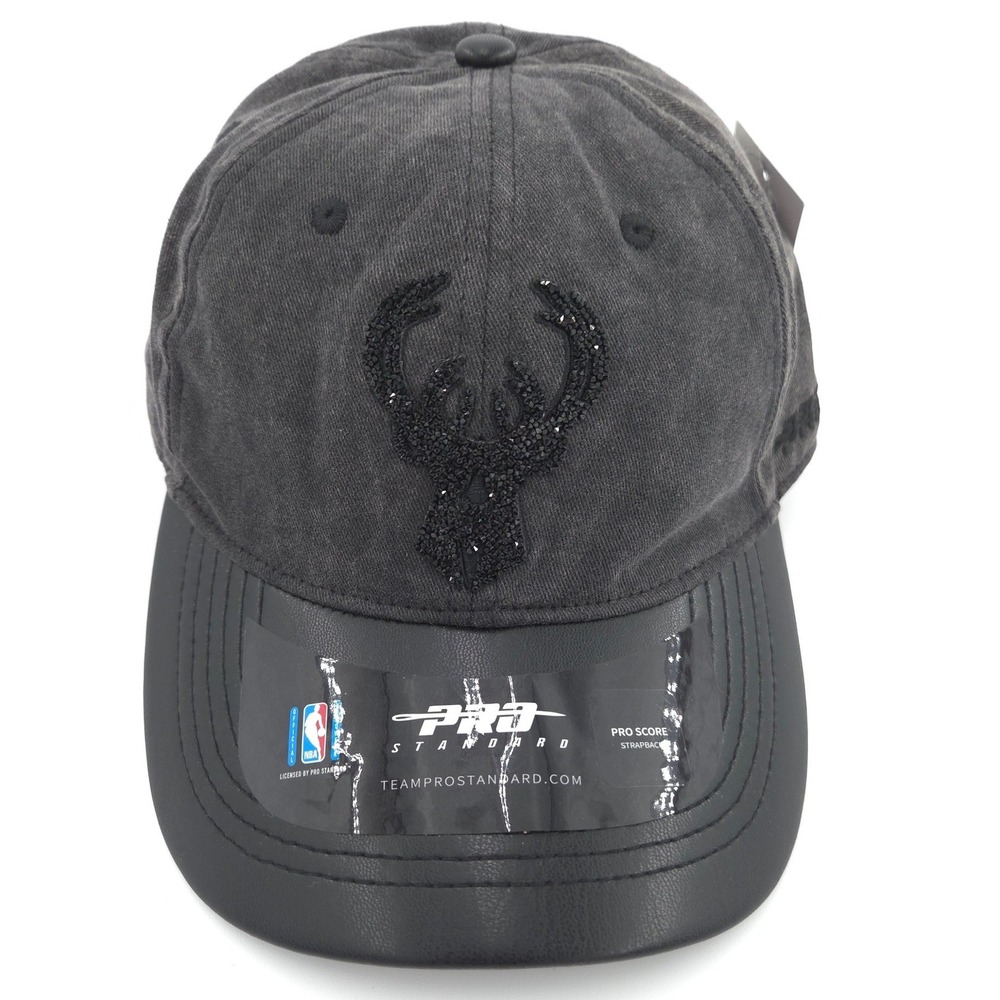 Pro Standard Milwaukee Bucks Hat Women Washed Black Strapback Rhinestone Cap NEW